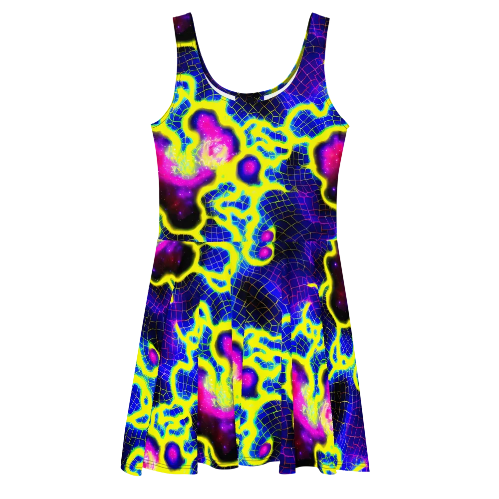 Neon Galaxy Grid on Skater Dress — Front