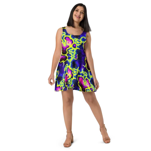 Neon Galaxy Grid on a Skater Dress
