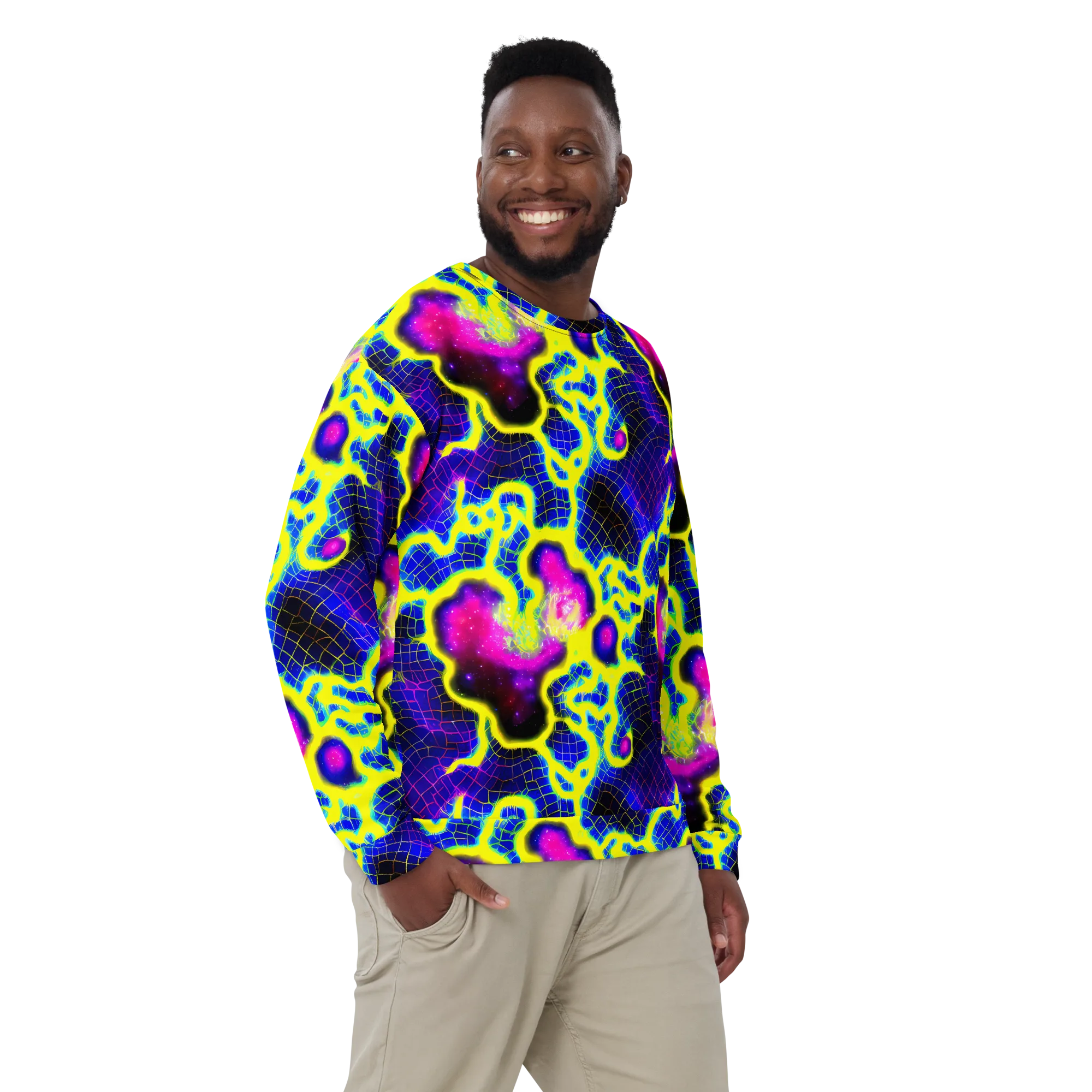Neon Galaxy Grid on Sweatshirt — Front