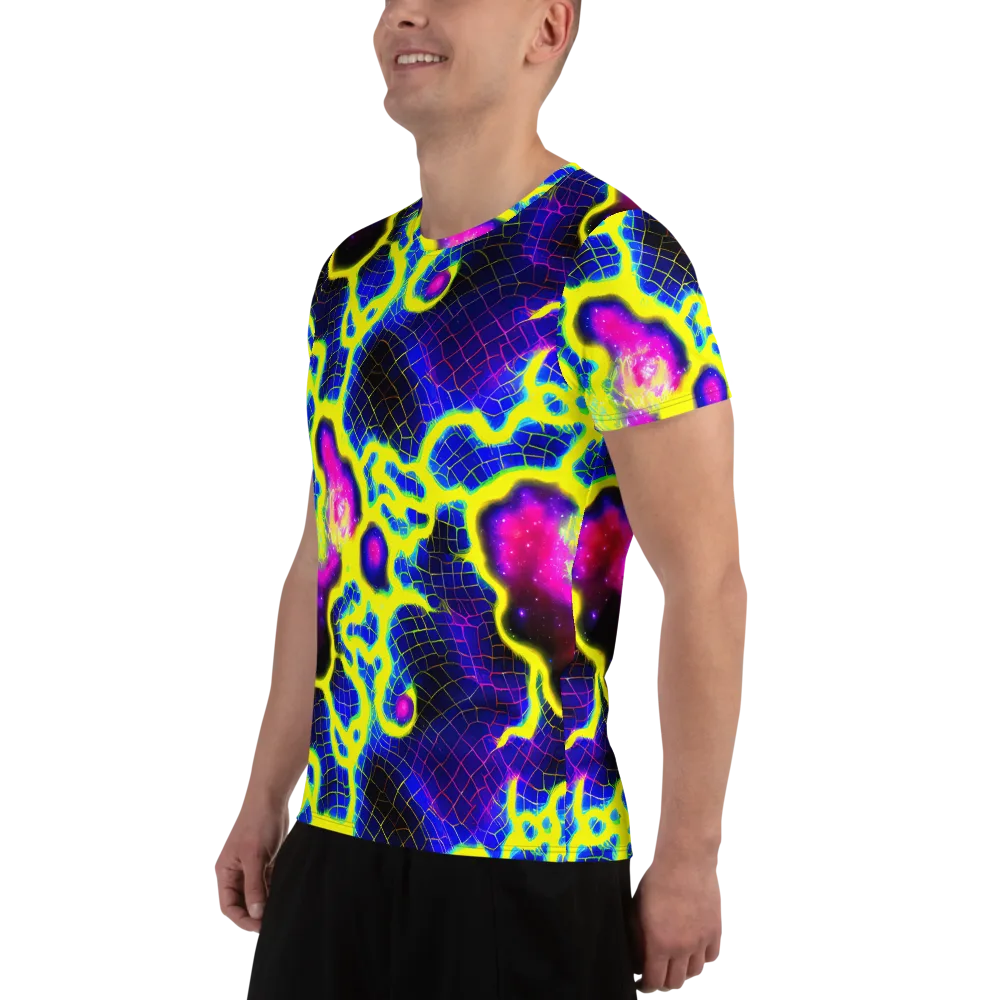 Neon Galaxy Grid on Men's Athletic T-Shirt — Left