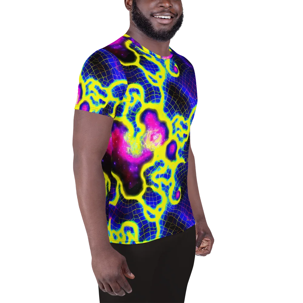 Neon Galaxy Grid on Men's Athletic T-Shirt — Right