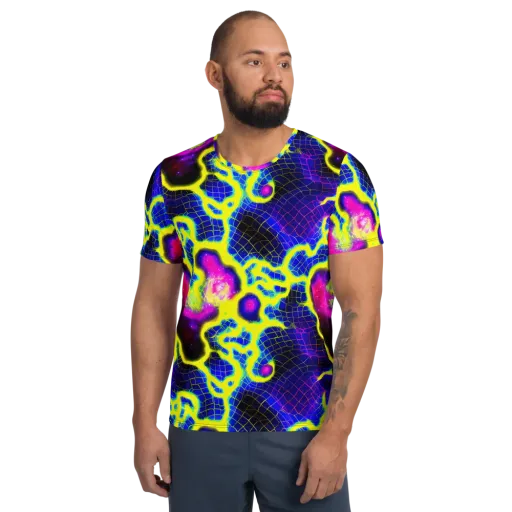 Neon Galaxy Grid on a Men's Athletic T-Shirt