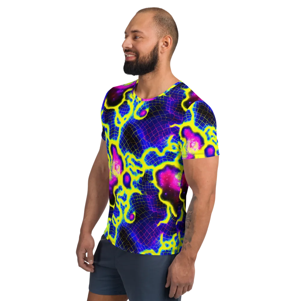Neon Galaxy Grid on Men's Athletic T-Shirt — Left