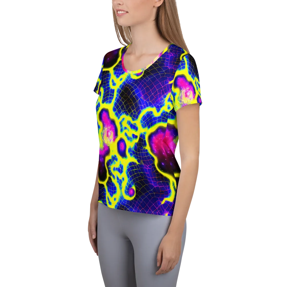 Neon Galaxy Grid on Women's Athletic T-Shirt — Left