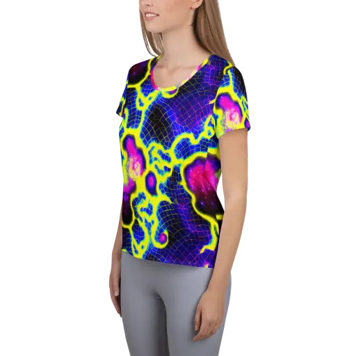 Neon Galaxy Grid on a Women's Athletic T-Shirt