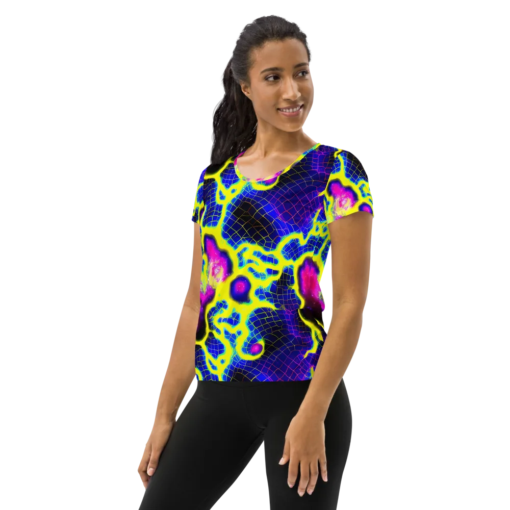 Neon Galaxy Grid on Women's Athletic T-Shirt — Left