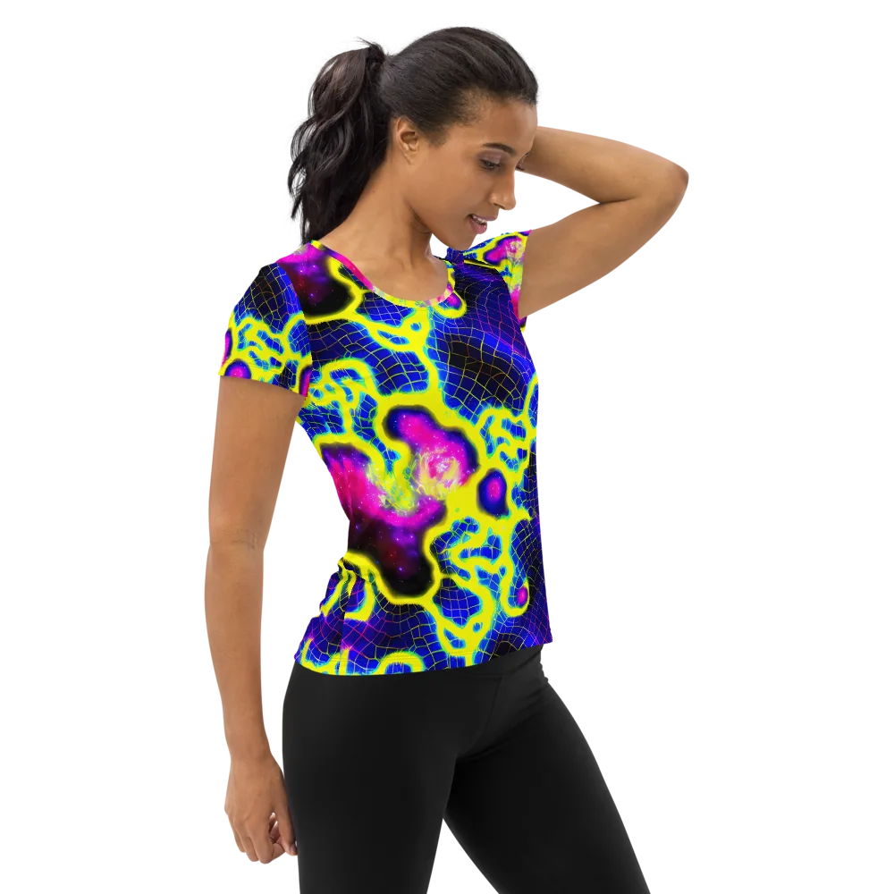 Neon Galaxy Grid on Women's Athletic T-Shirt — Right