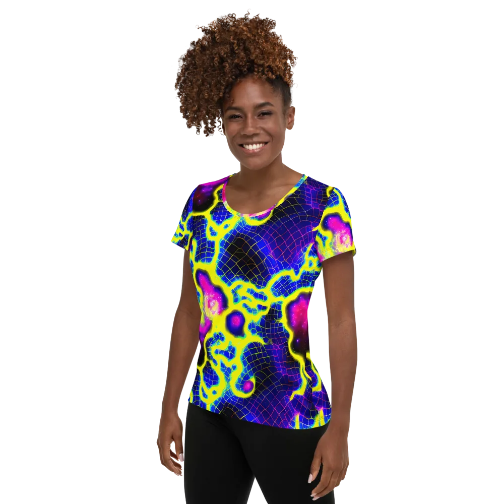 Neon Galaxy Grid on Women's Athletic T-Shirt — Left