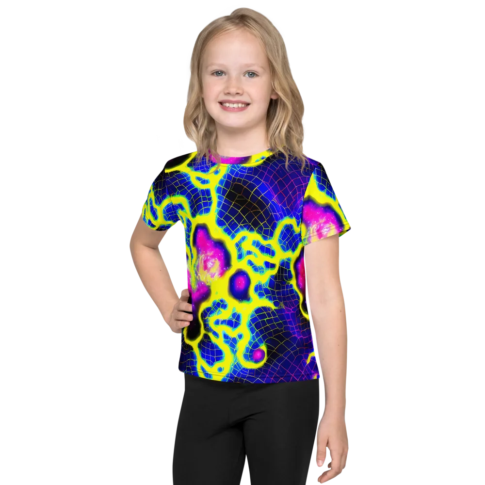 Neon Galaxy Grid on Kids Crew Neck T-Shirt — Front