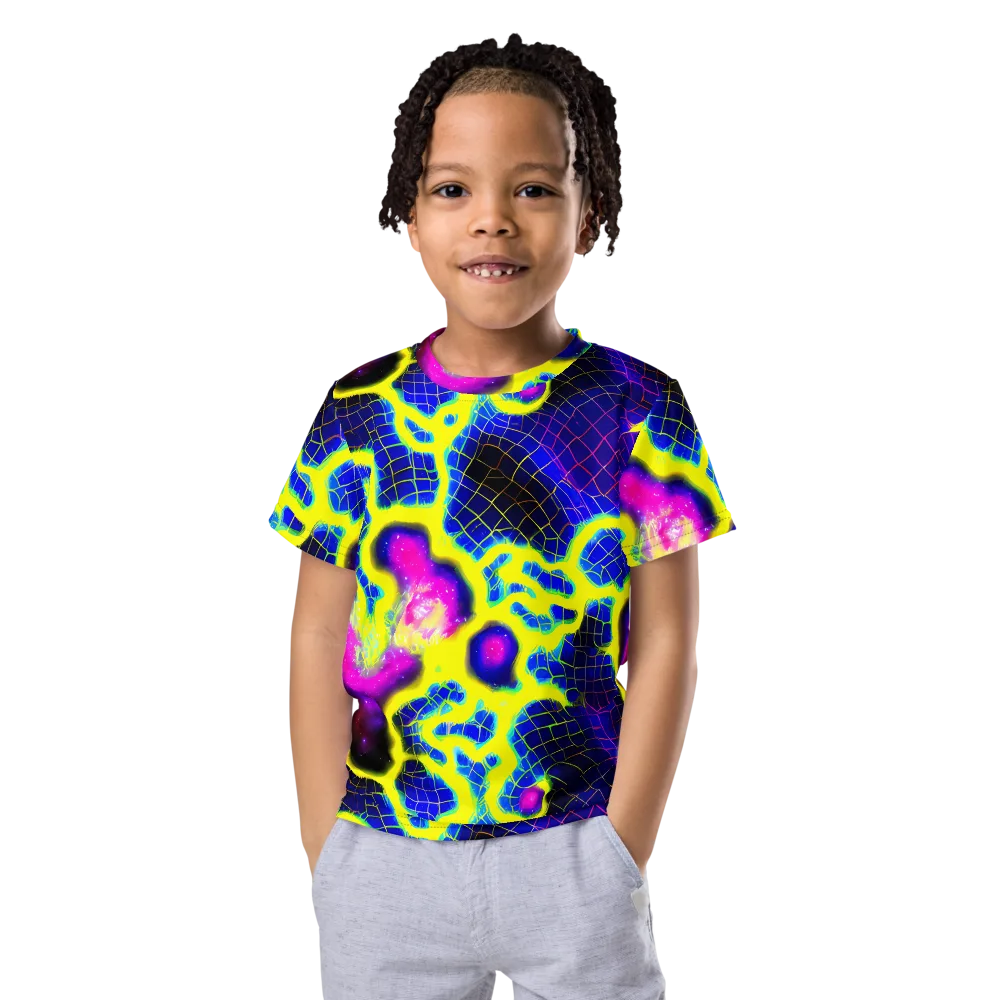 Neon Galaxy Grid on Kids Crew Neck T-Shirt — Front