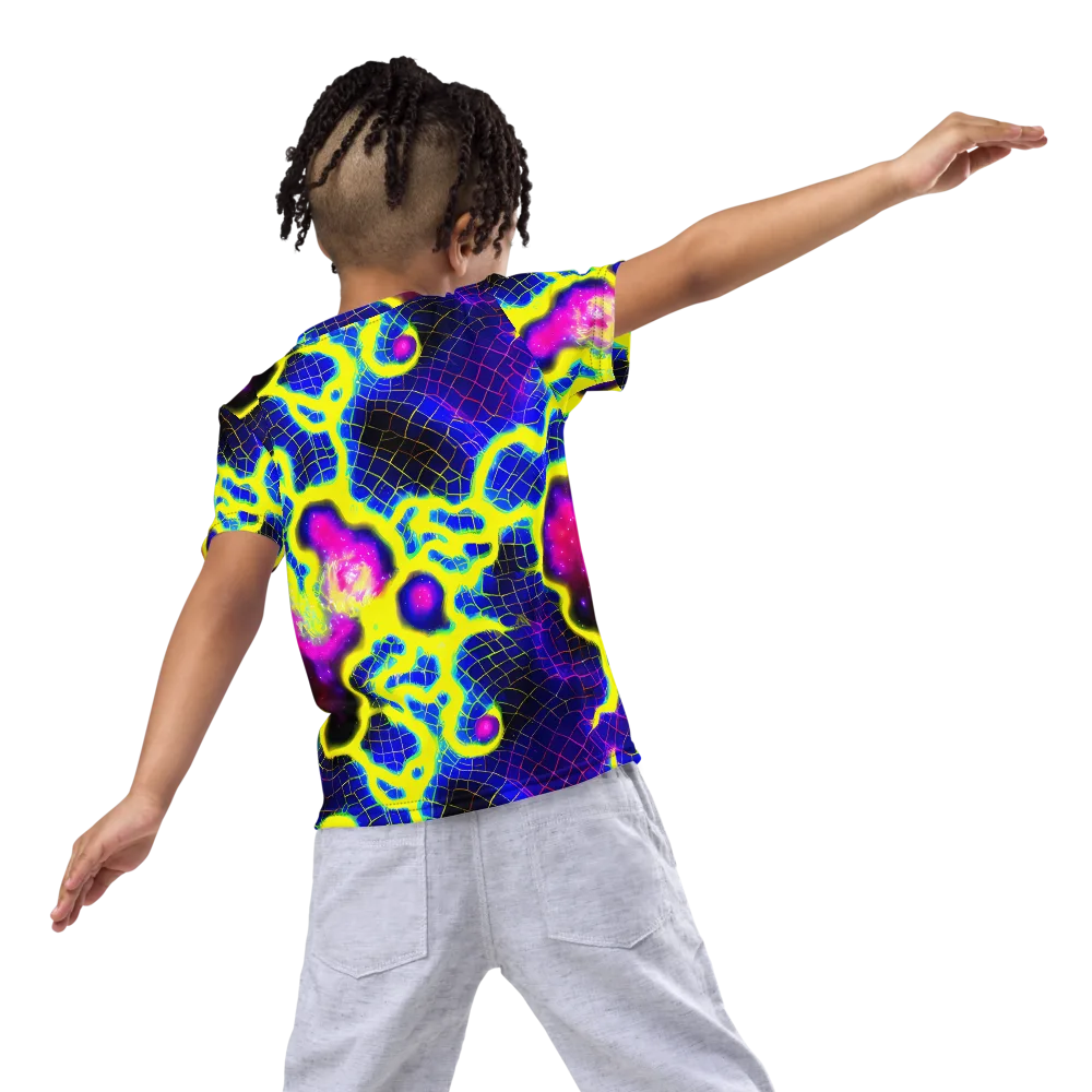 Neon Galaxy Grid on Kids Crew Neck T-Shirt — Back