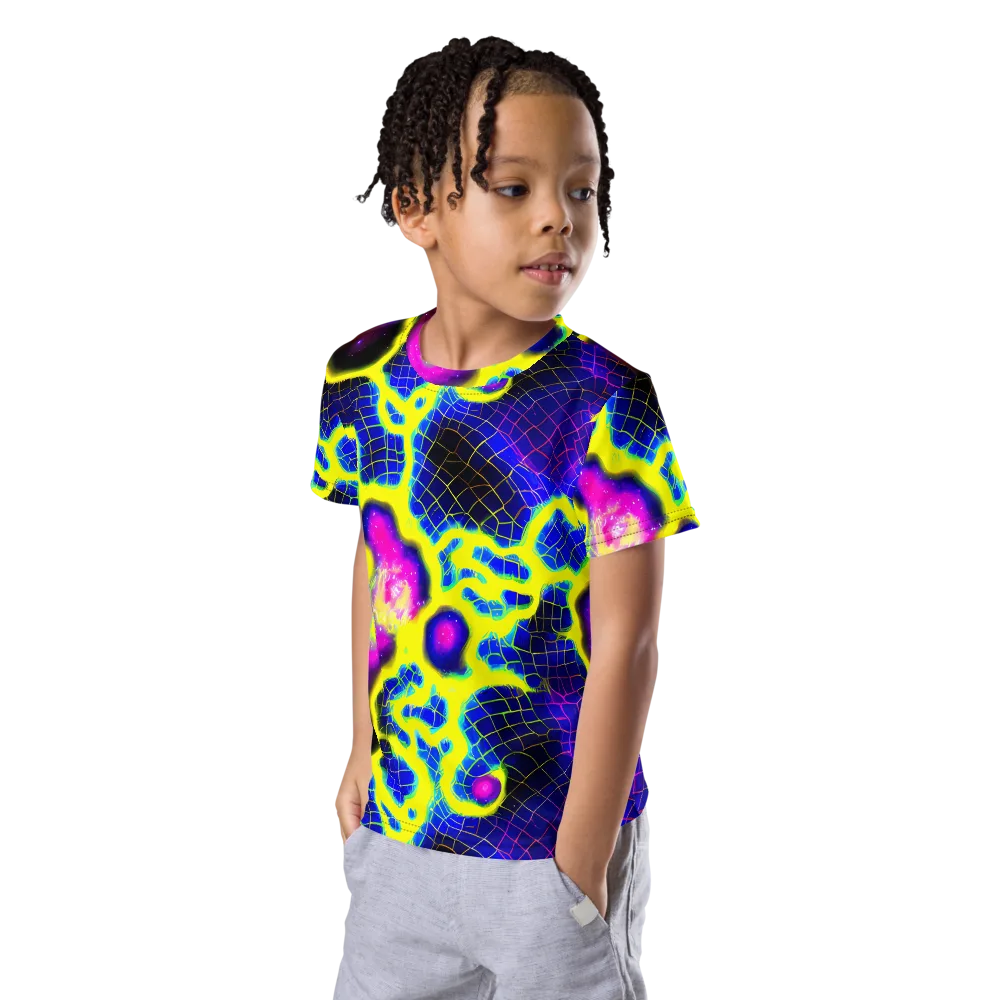 Neon Galaxy Grid on Kids Crew Neck T-Shirt — Left Front