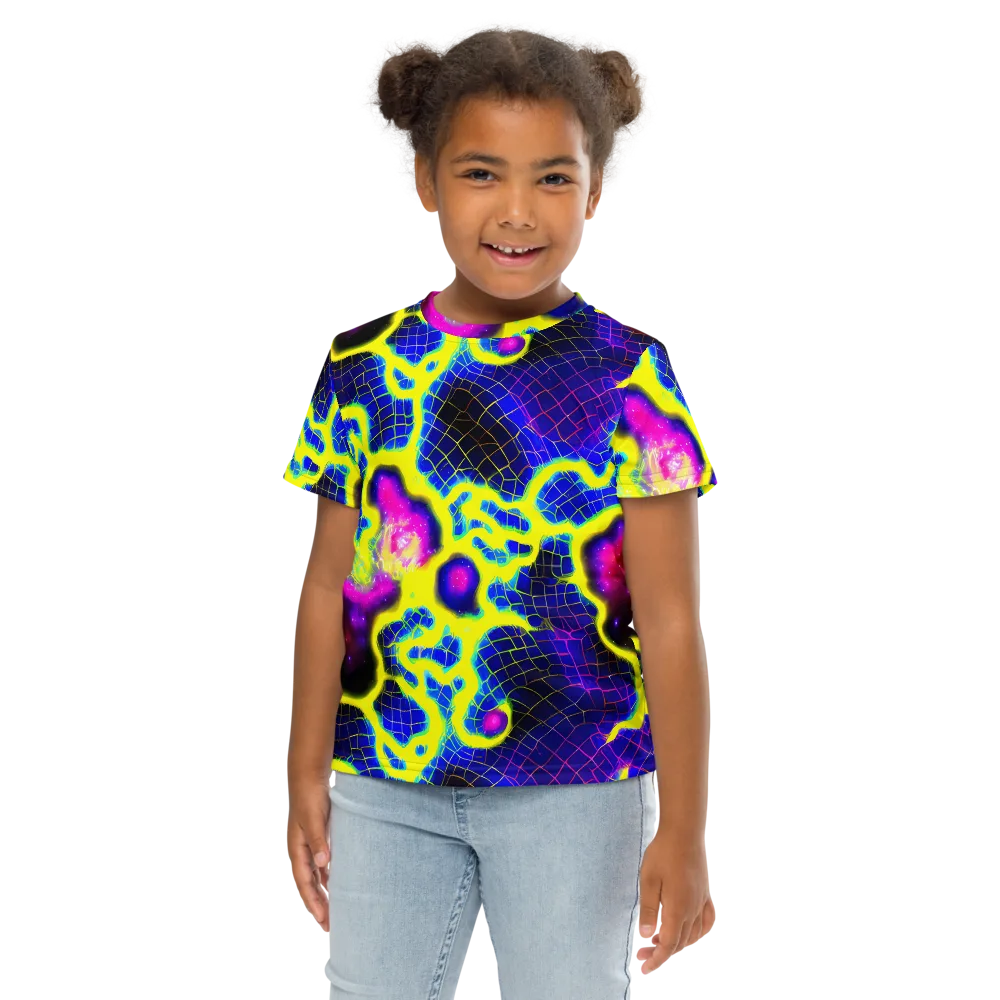 Neon Galaxy Grid on Kids Crew Neck T-Shirt — Front