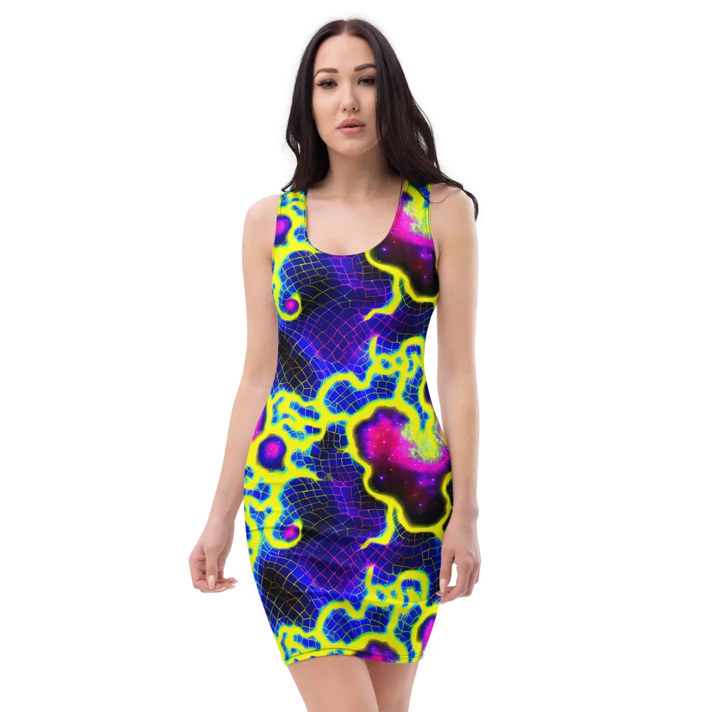 Neon Galaxy Grid on Bodycon Dress — Front