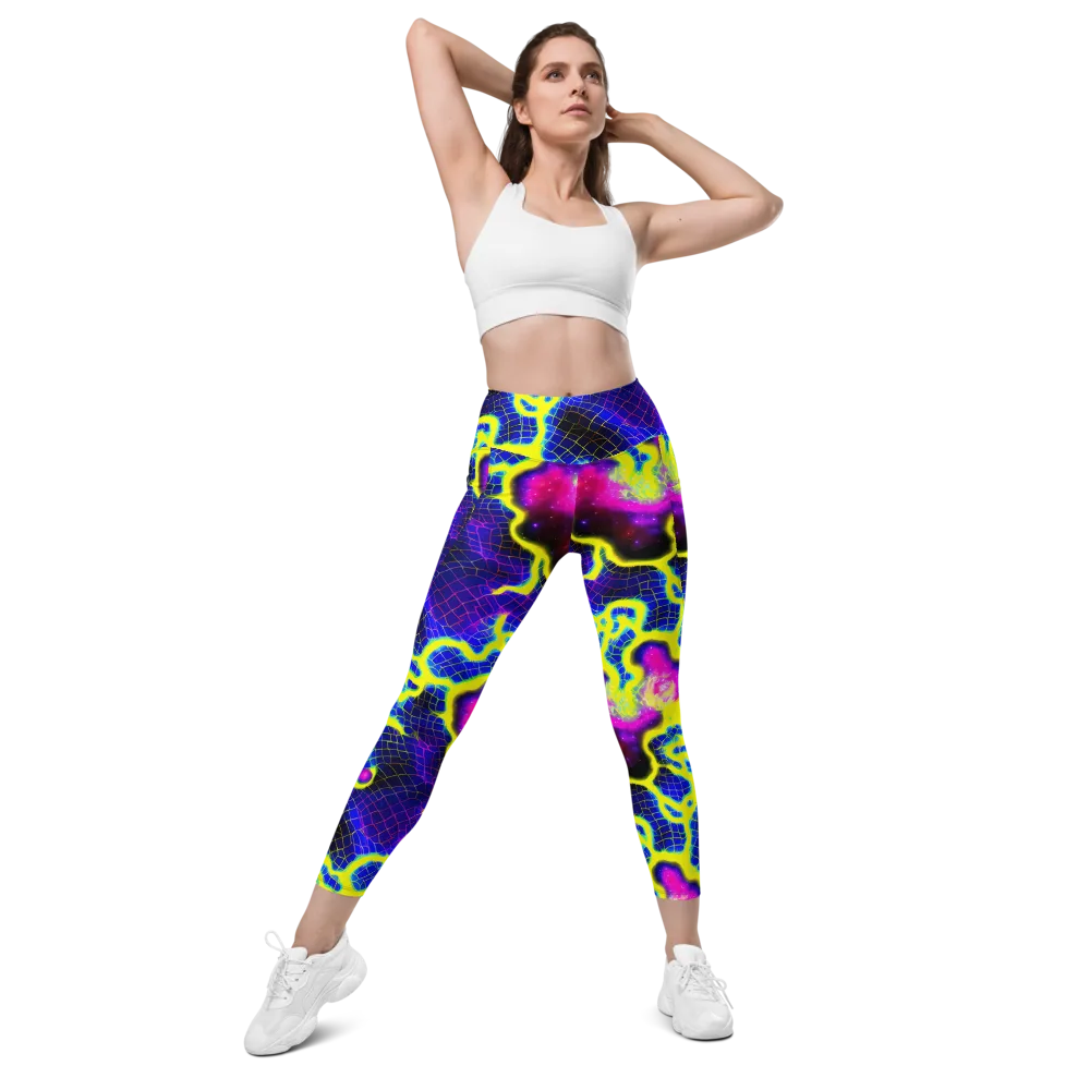 Neon Galaxy Grid on Leggings with Pockets — Front