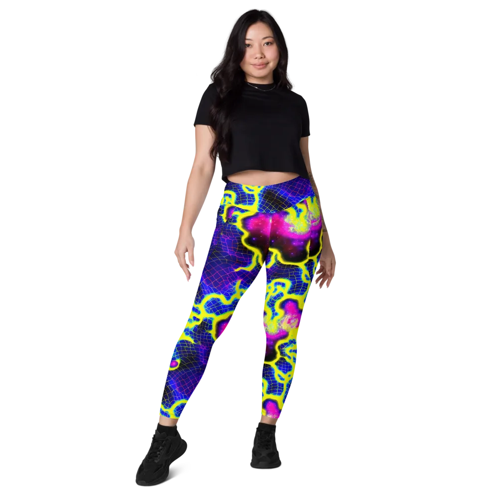 Neon Galaxy Grid on Leggings with Pockets — Front