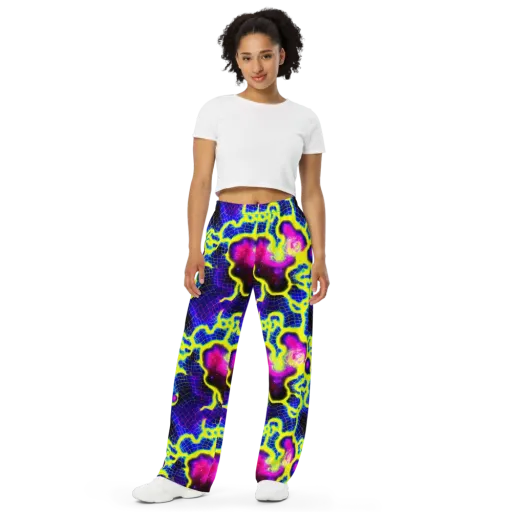 Neon Galaxy Grid on a Wide-Leg Pants