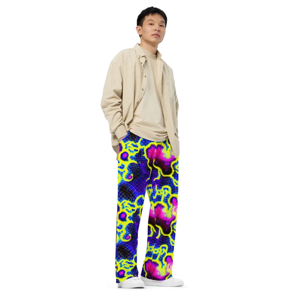 Neon Galaxy Grid on Wide-Leg Pants — Right Front