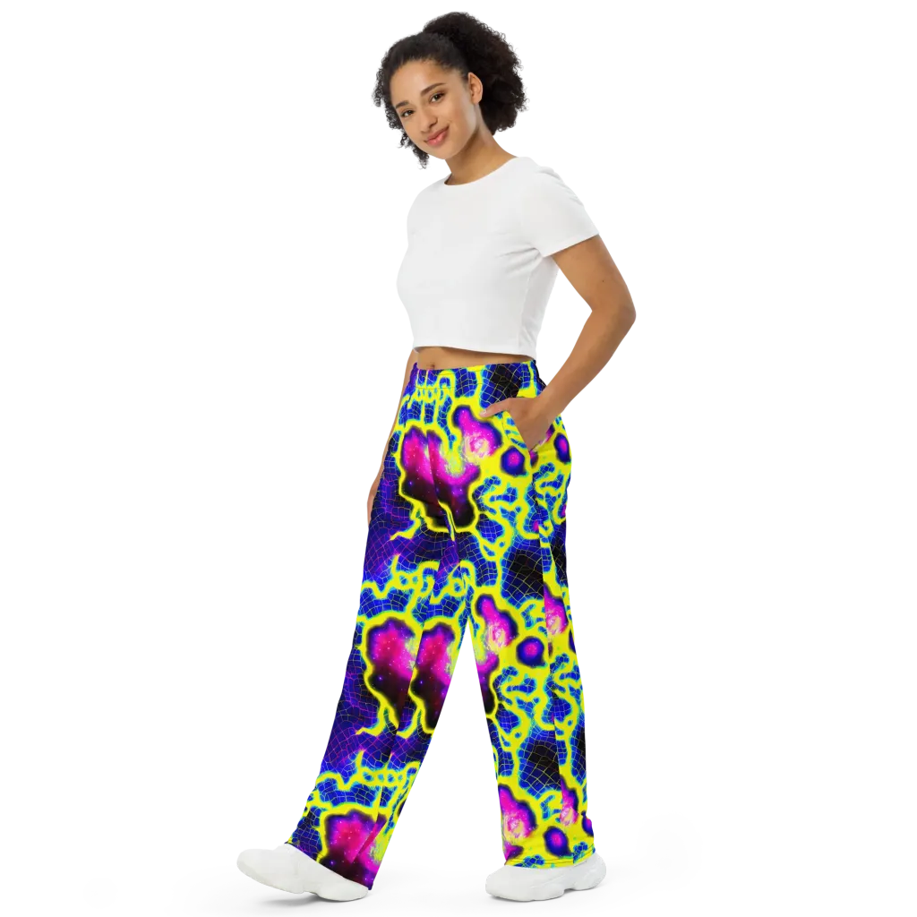 Neon Galaxy Grid on Wide-Leg Pants — Left Front