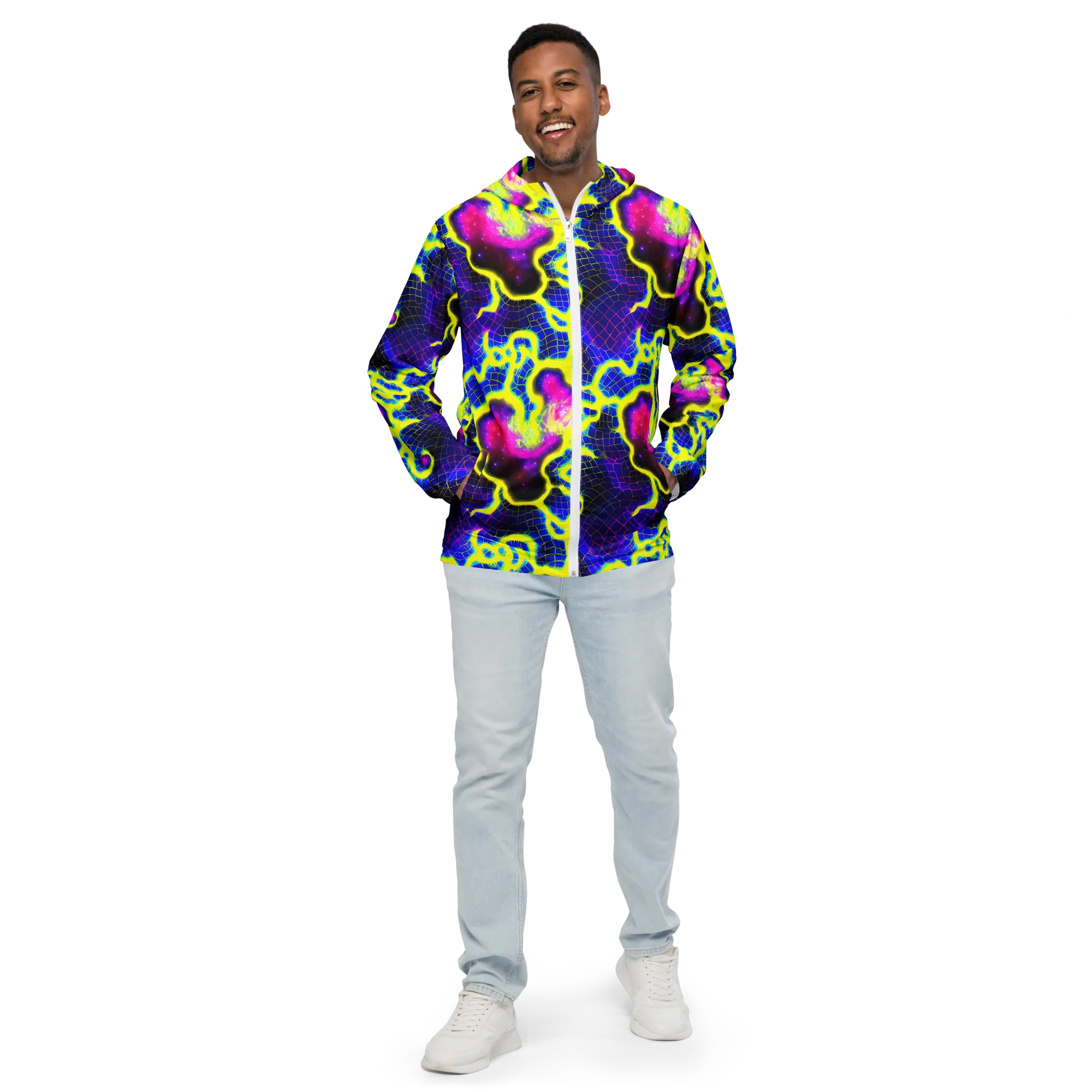 Neon Galaxy Grid on Men's Windbreaker — Front