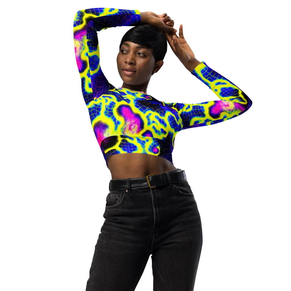 Neon Galaxy Grid on Long Sleeve Crop Top — Front