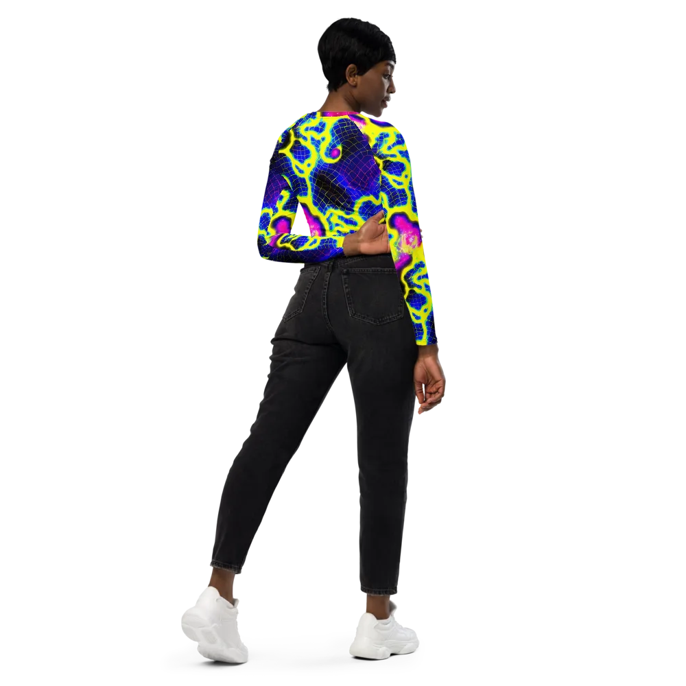 Neon Galaxy Grid on Long Sleeve Crop Top — Right Back