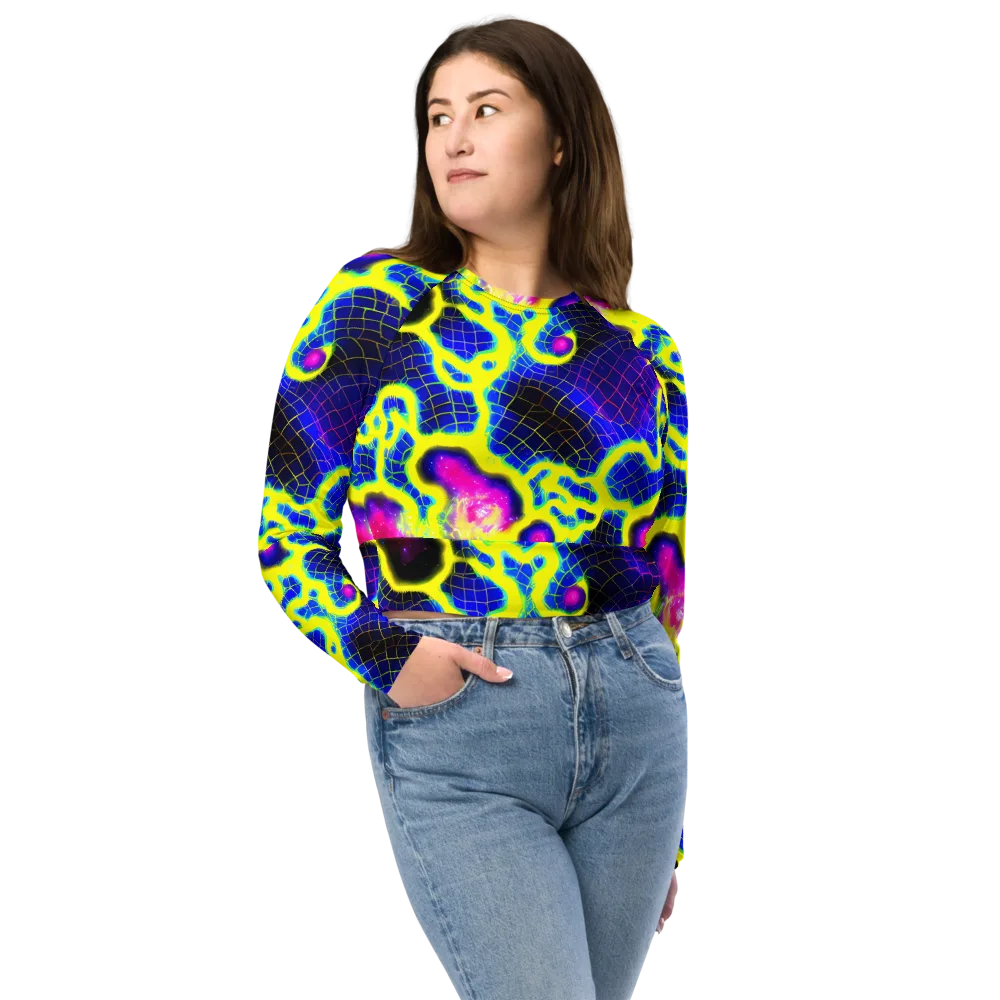 Neon Galaxy Grid on Long Sleeve Crop Top — Front