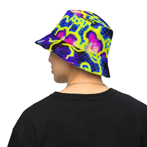 Neon Galaxy Grid on a Reversible Bucket Hat