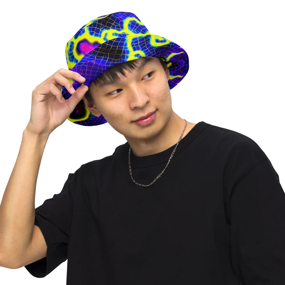 Neon Galaxy Grid on Reversible Bucket Hat — Front Inside
