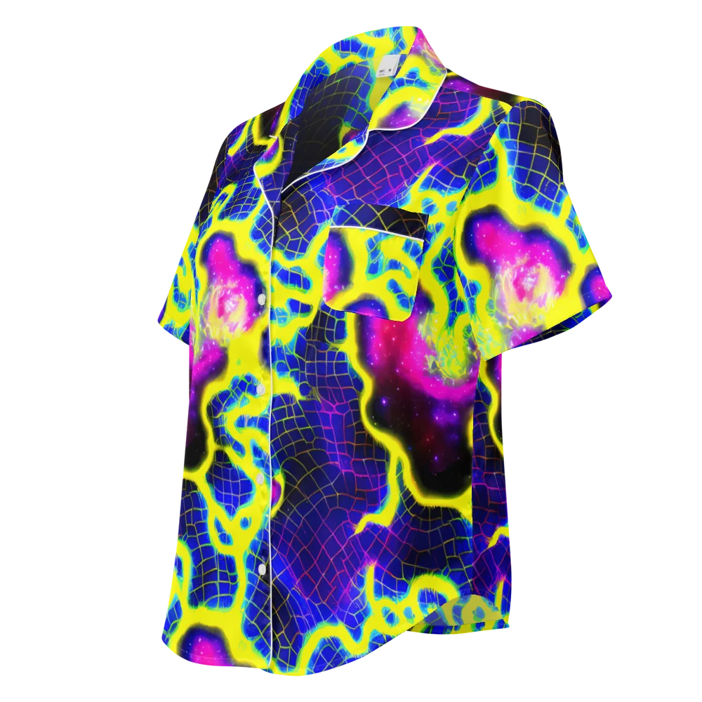 Neon Galaxy Grid on Women's Short Sleeve Pajama Top — Left Front