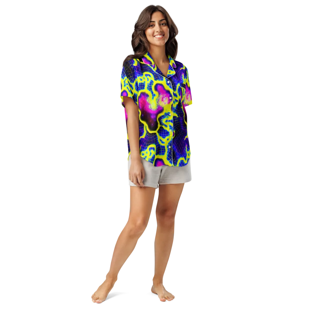Neon Galaxy Grid on Women's Short Sleeve Pajama Top — Front