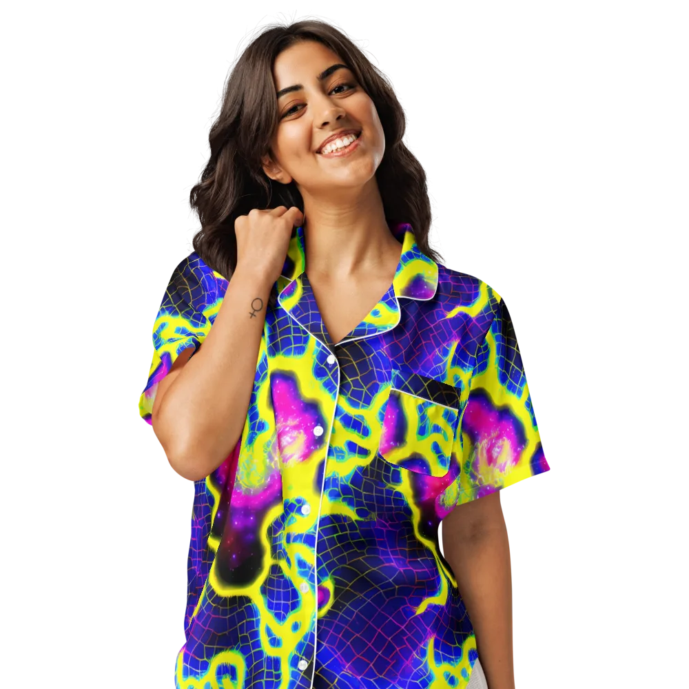 Neon Galaxy Grid on Women's Short Sleeve Pajama Top — Front
