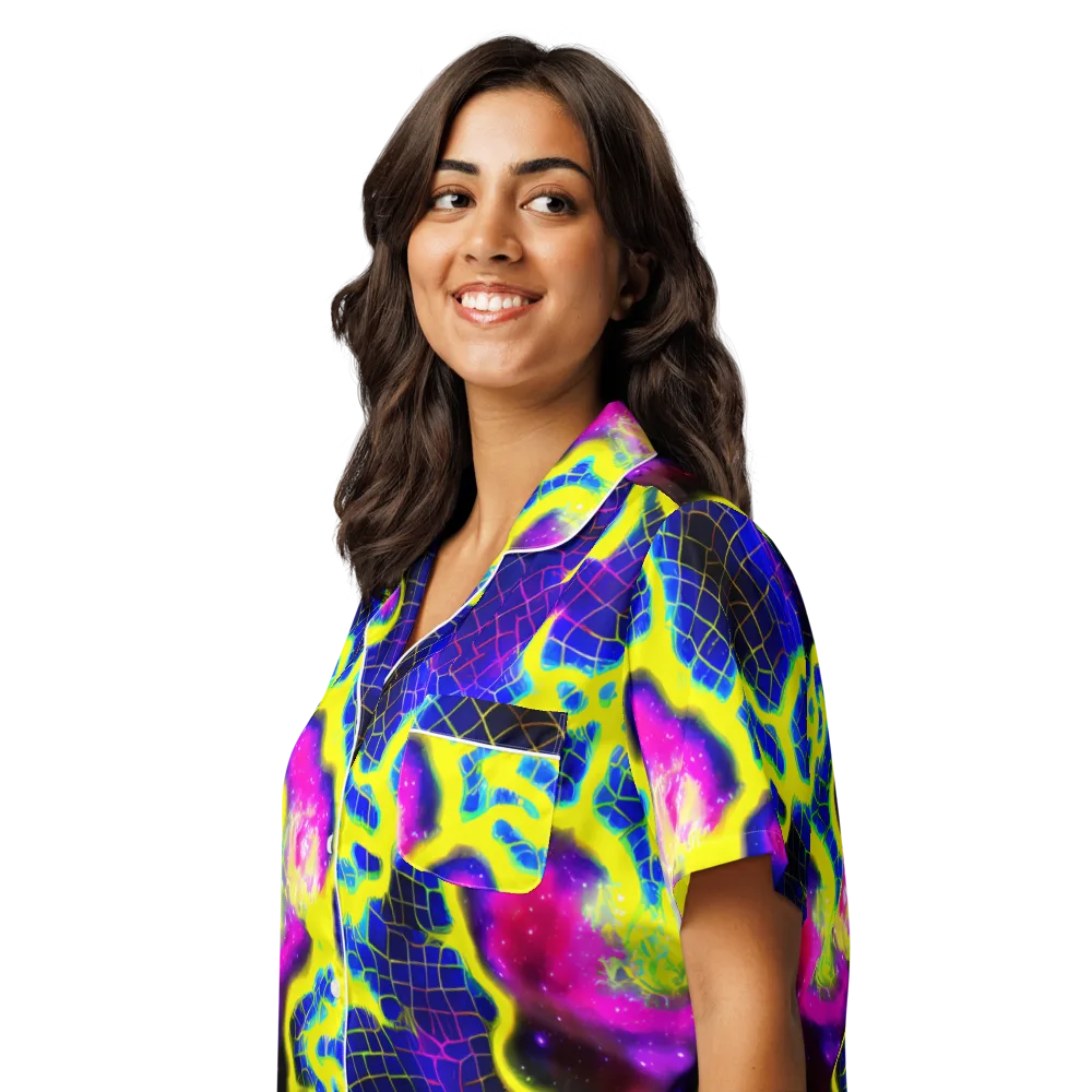 Neon Galaxy Grid on Women's Short Sleeve Pajama Top — Left Front