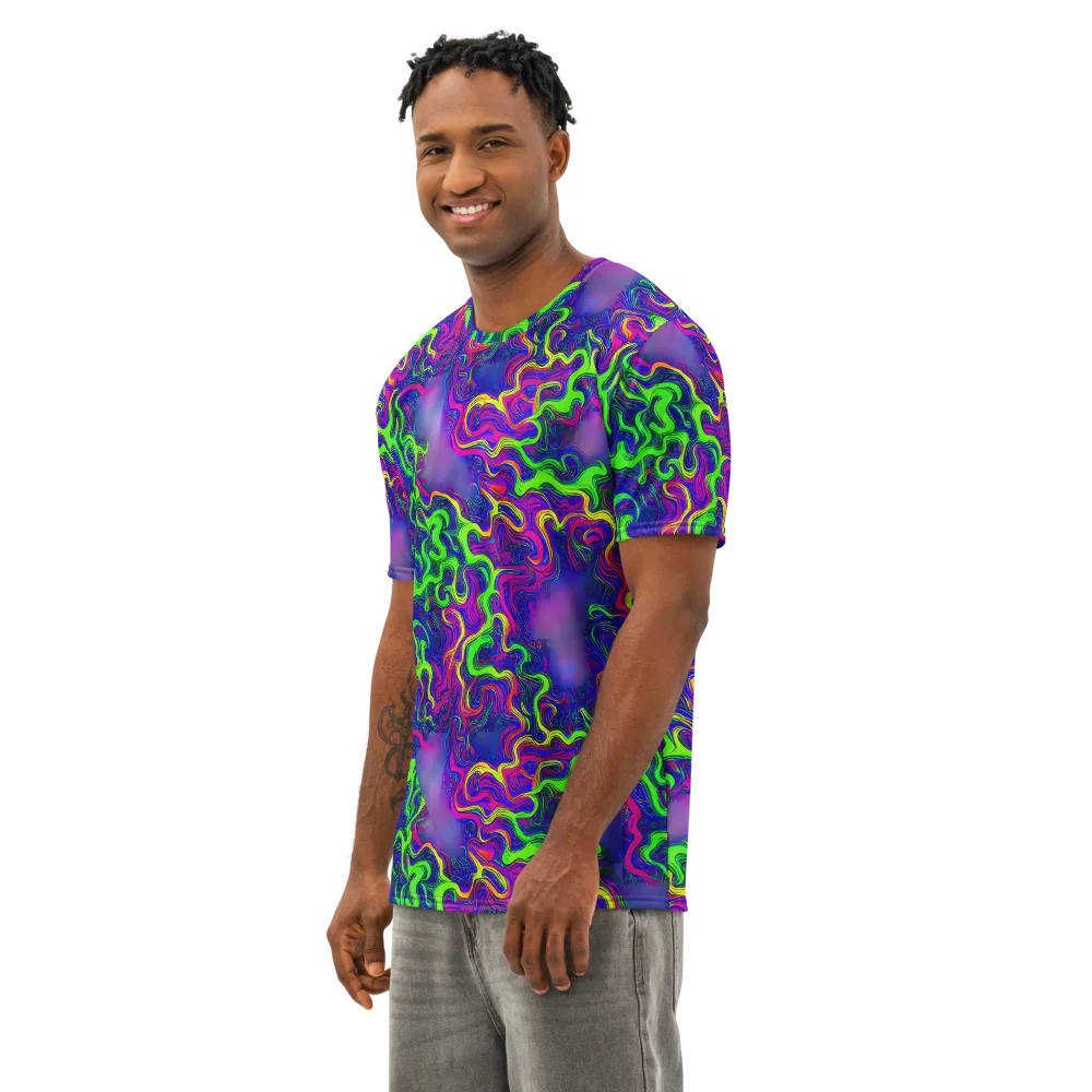 Electric Ribbons on Men's Cotton Crew Neck T-Shirt — Left Front