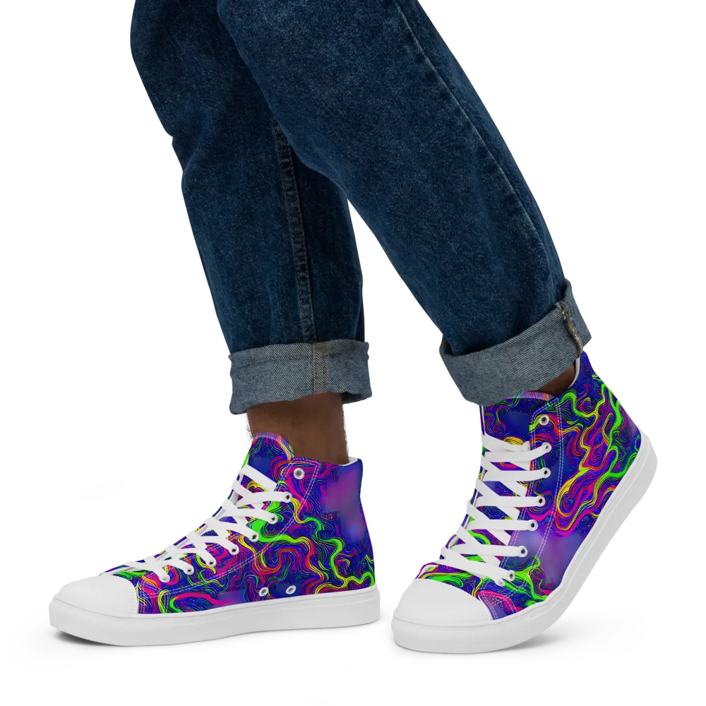 Electric Ribbons on Men's High Top Canvas Shoes — Left
