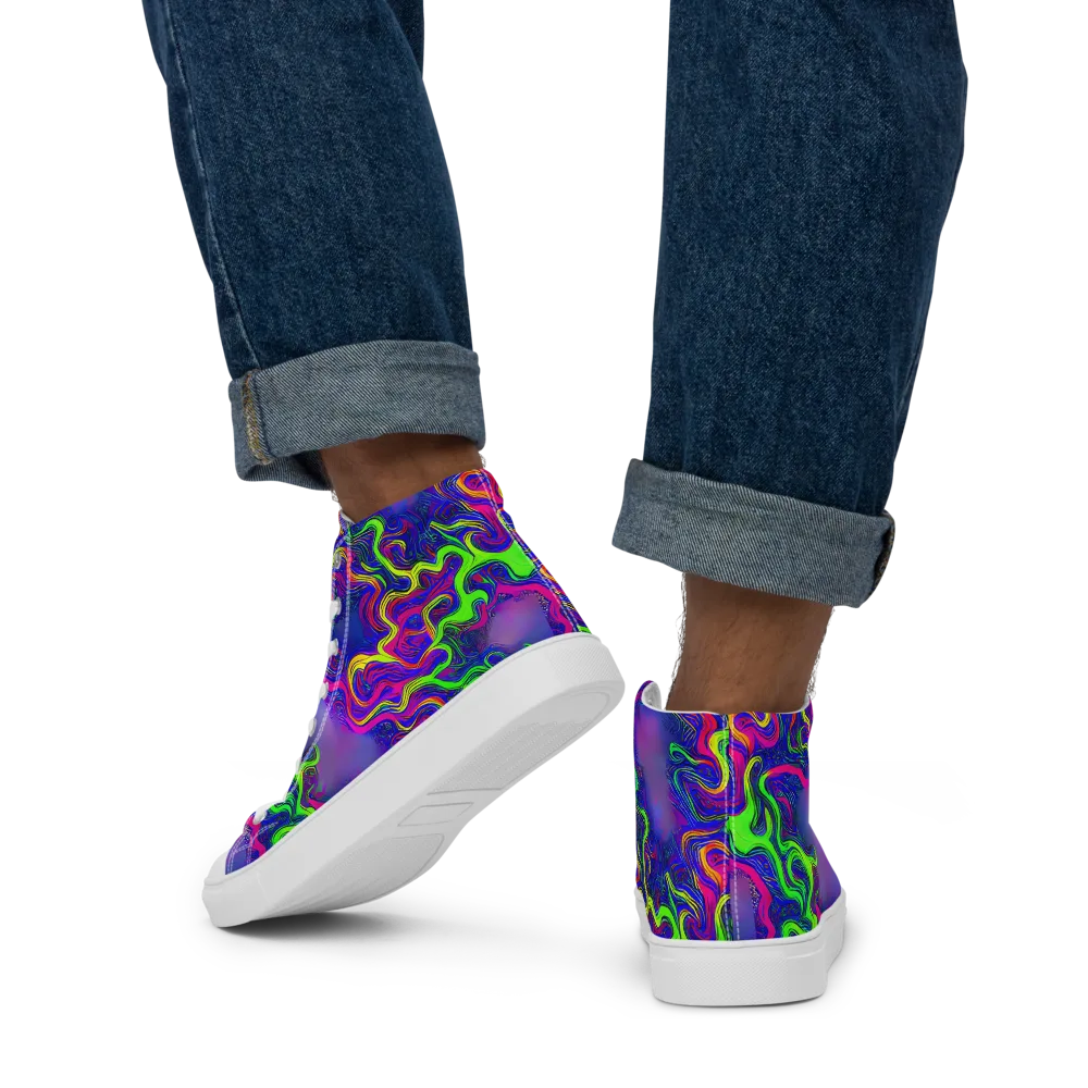 Electric Ribbons on Men's High Top Canvas Shoes — Back