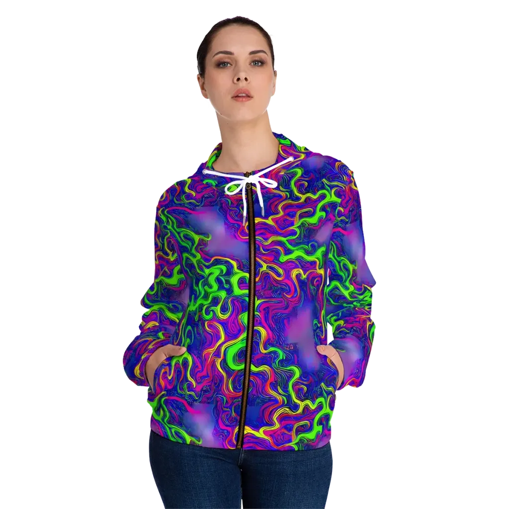 Electric Ribbons on Women's Full-Zip Hoodie — Front On Person