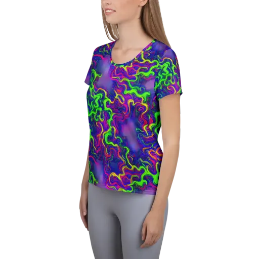 Electric Ribbons on a Women's Athletic T-Shirt