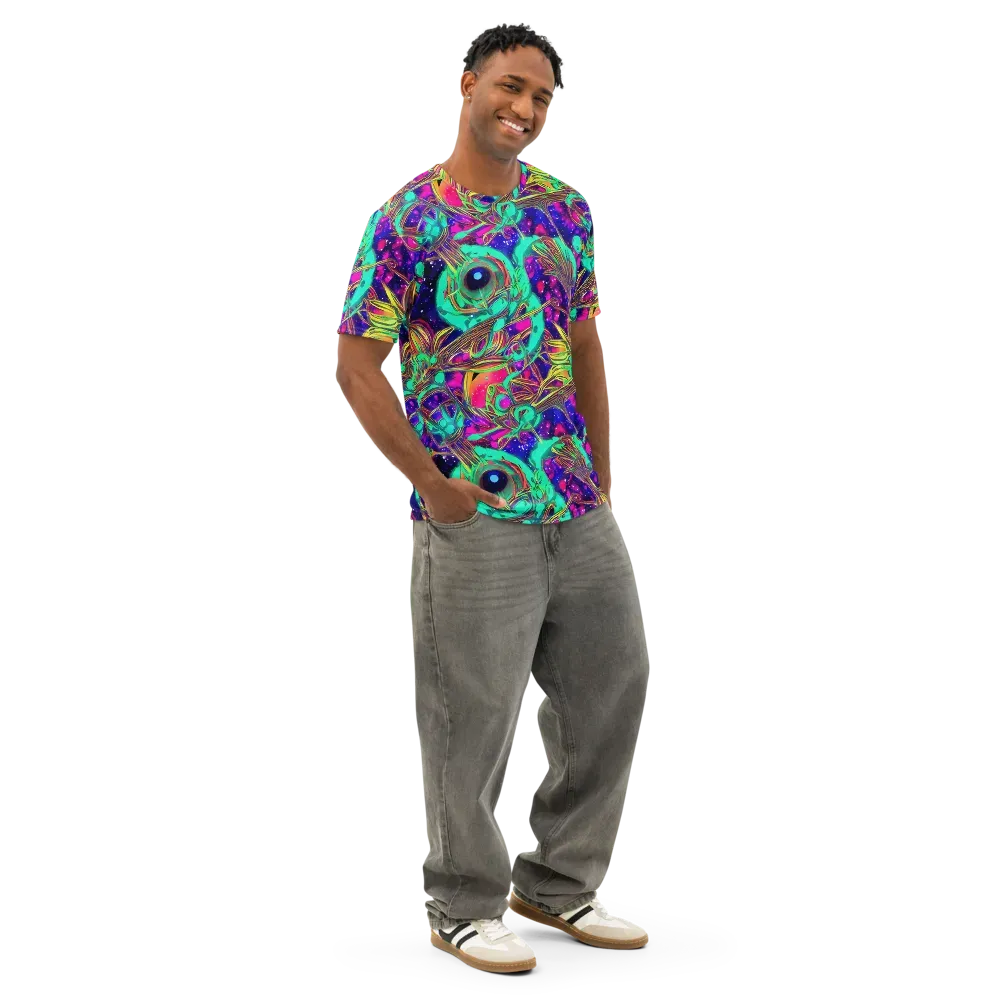 Neon Nebula Reef on Men's Cotton Crew Neck T-Shirt — Right Front