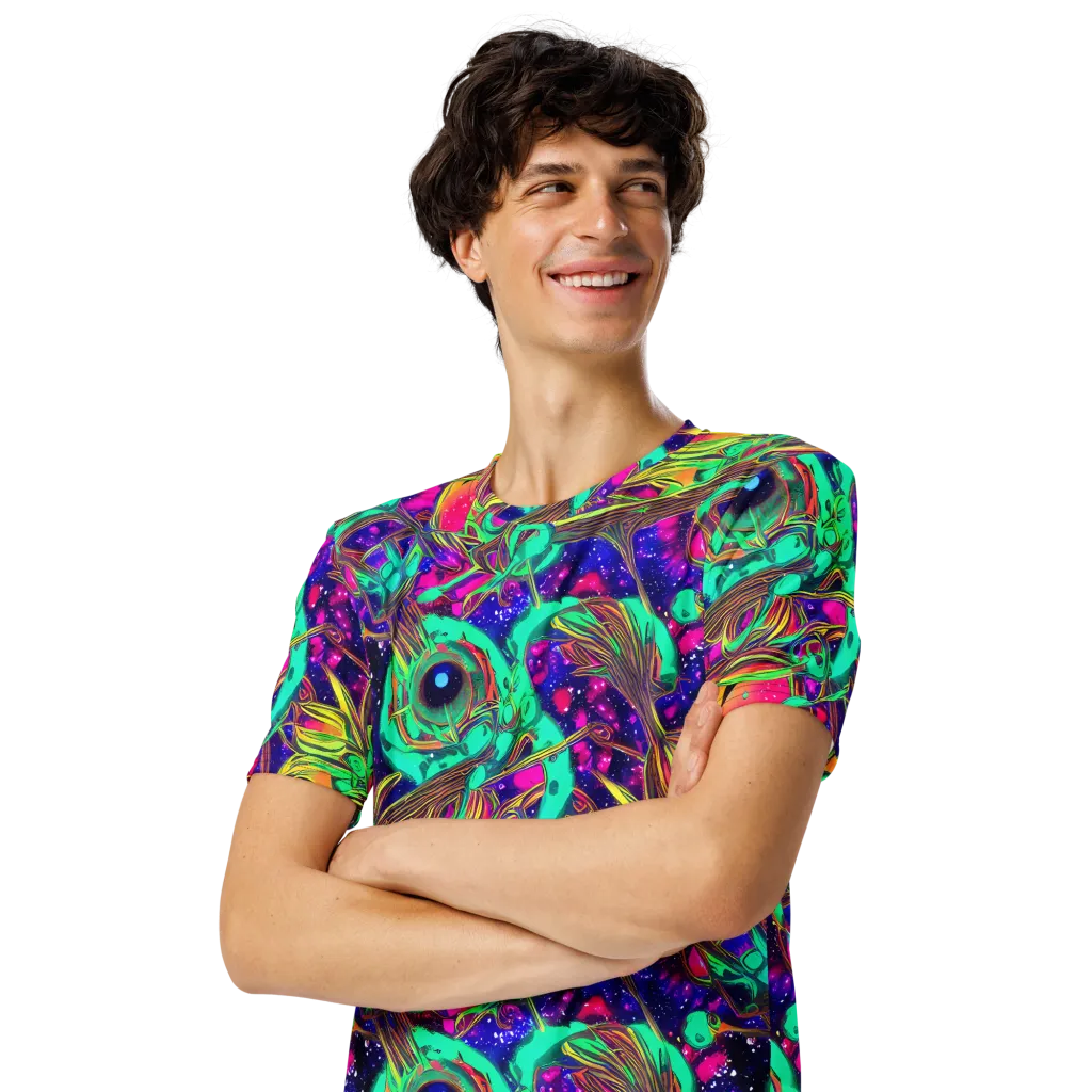 Neon Nebula Reef on Men's Crew Neck T-Shirt — Left Front
