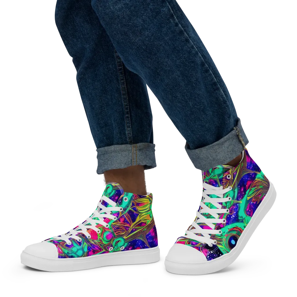 Neon Nebula Reef on Men's High Top Canvas Shoes — Left