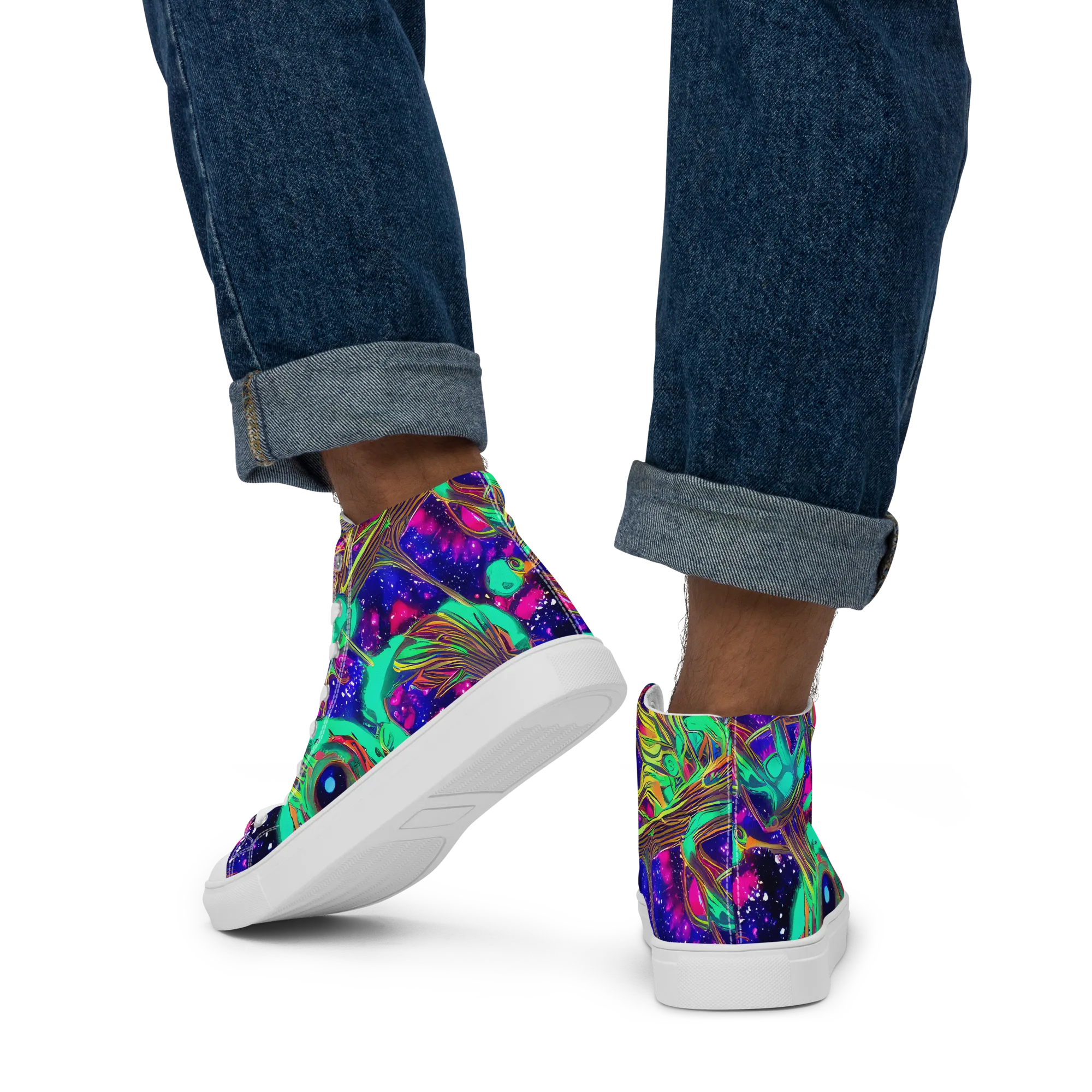 Neon Nebula Reef on Men's High Top Canvas Shoes — Back