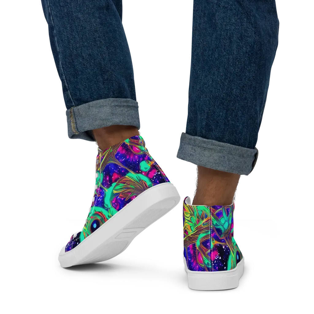 Neon Nebula Reef on Men's High Top Canvas Shoes — Back