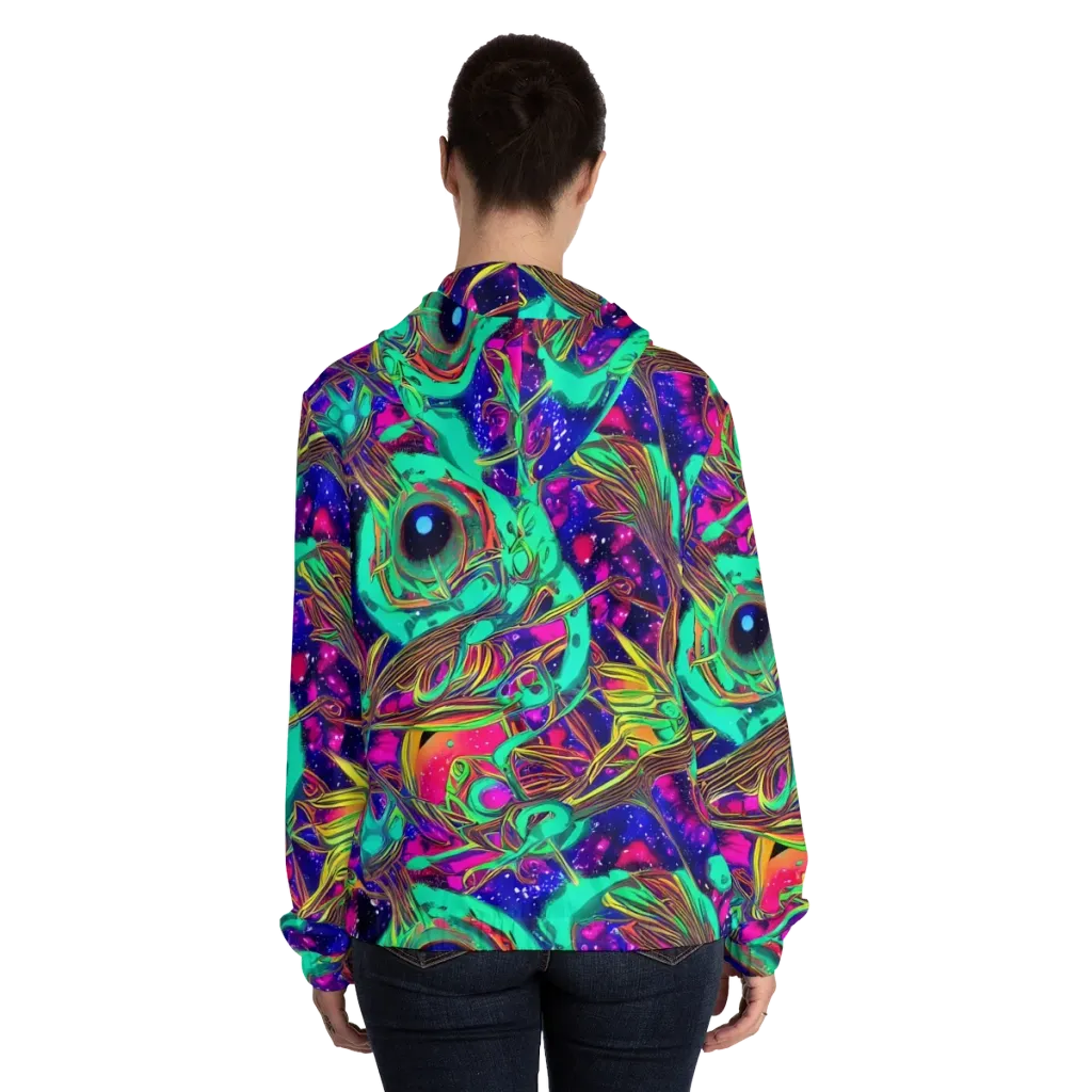 Neon Nebula Reef on Women's Full-Zip Hoodie — Back On Person