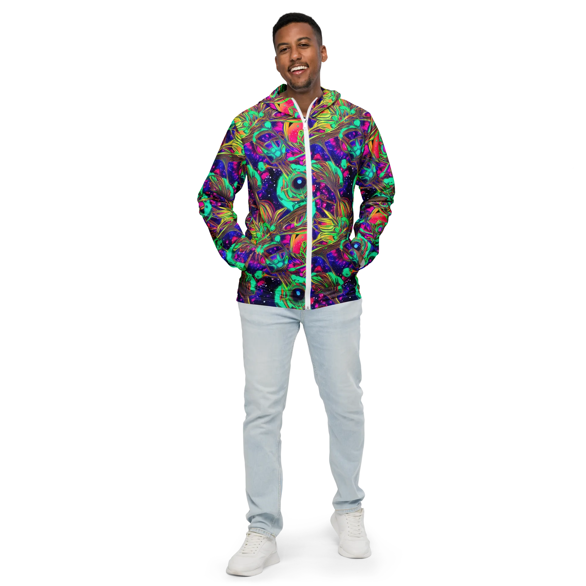 Neon Nebula Reef on Men's Windbreaker — Front
