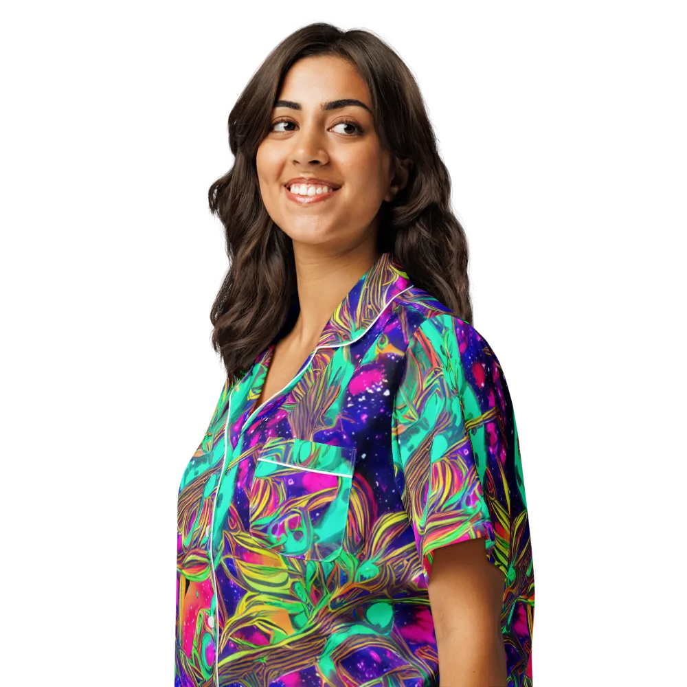 Neon Nebula Reef on Women's Short Sleeve Pajama Top — Left Front