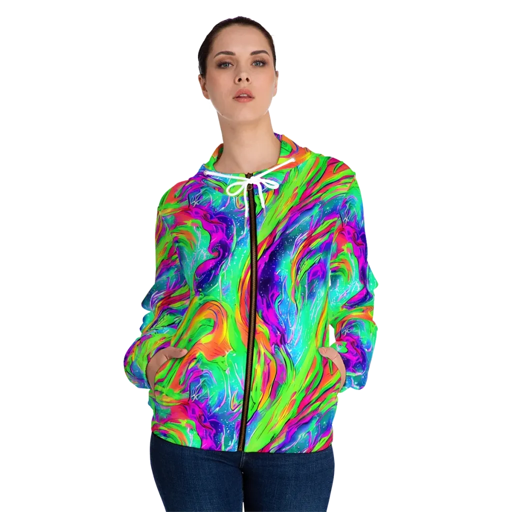 Ultraviolet Splash on Women's Full-Zip Hoodie — Front On Person