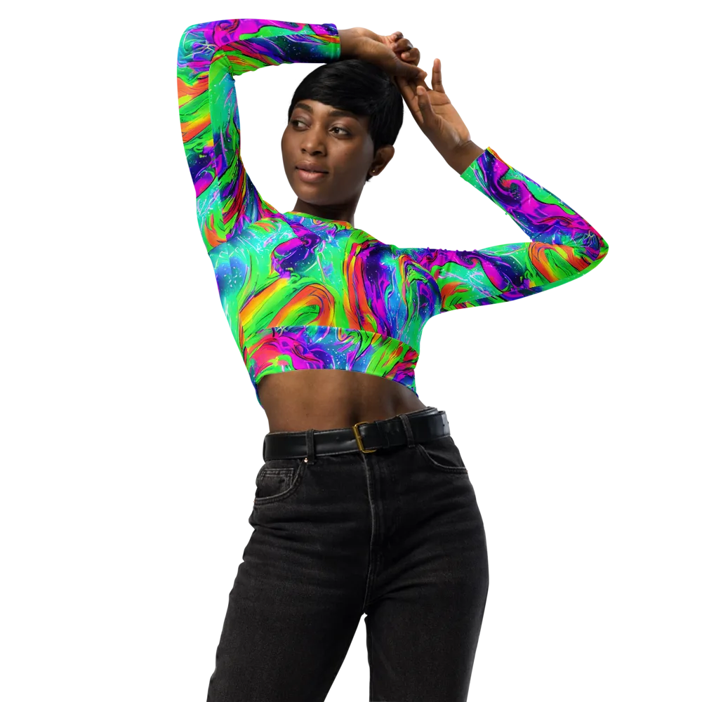 Ultraviolet Splash on Long Sleeve Crop Top — Front