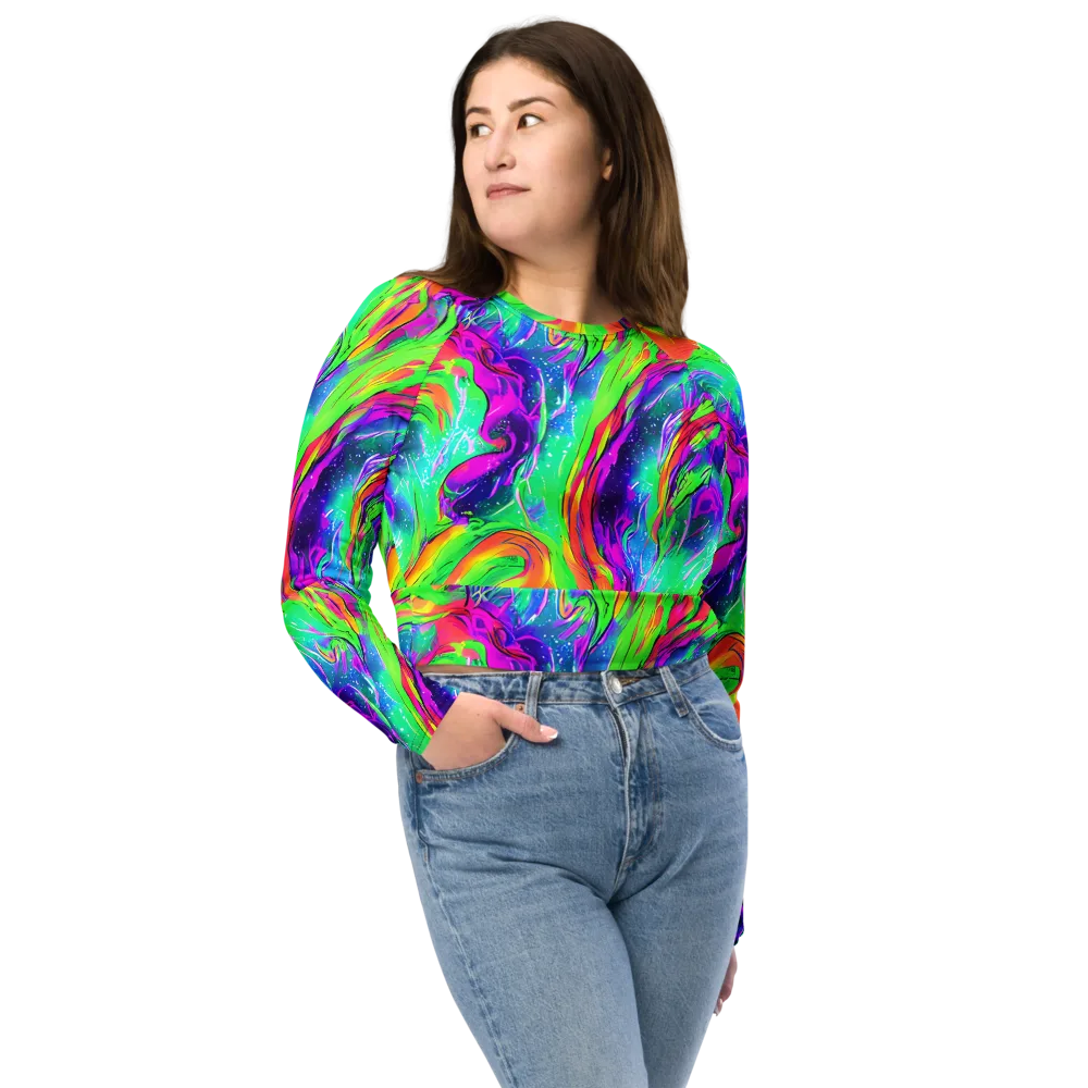 Ultraviolet Splash on Long Sleeve Crop Top — Front