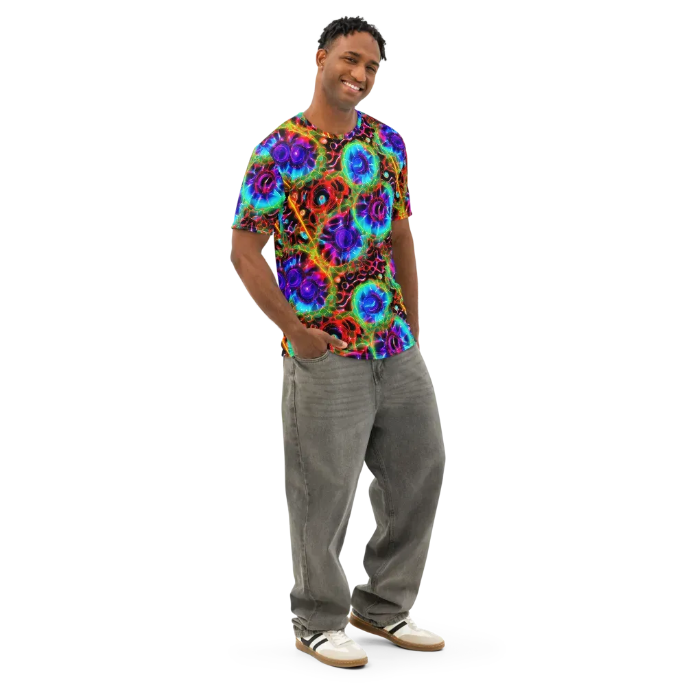 Neon Bloomstorm on Men's Cotton Crew Neck T-Shirt — Right Front